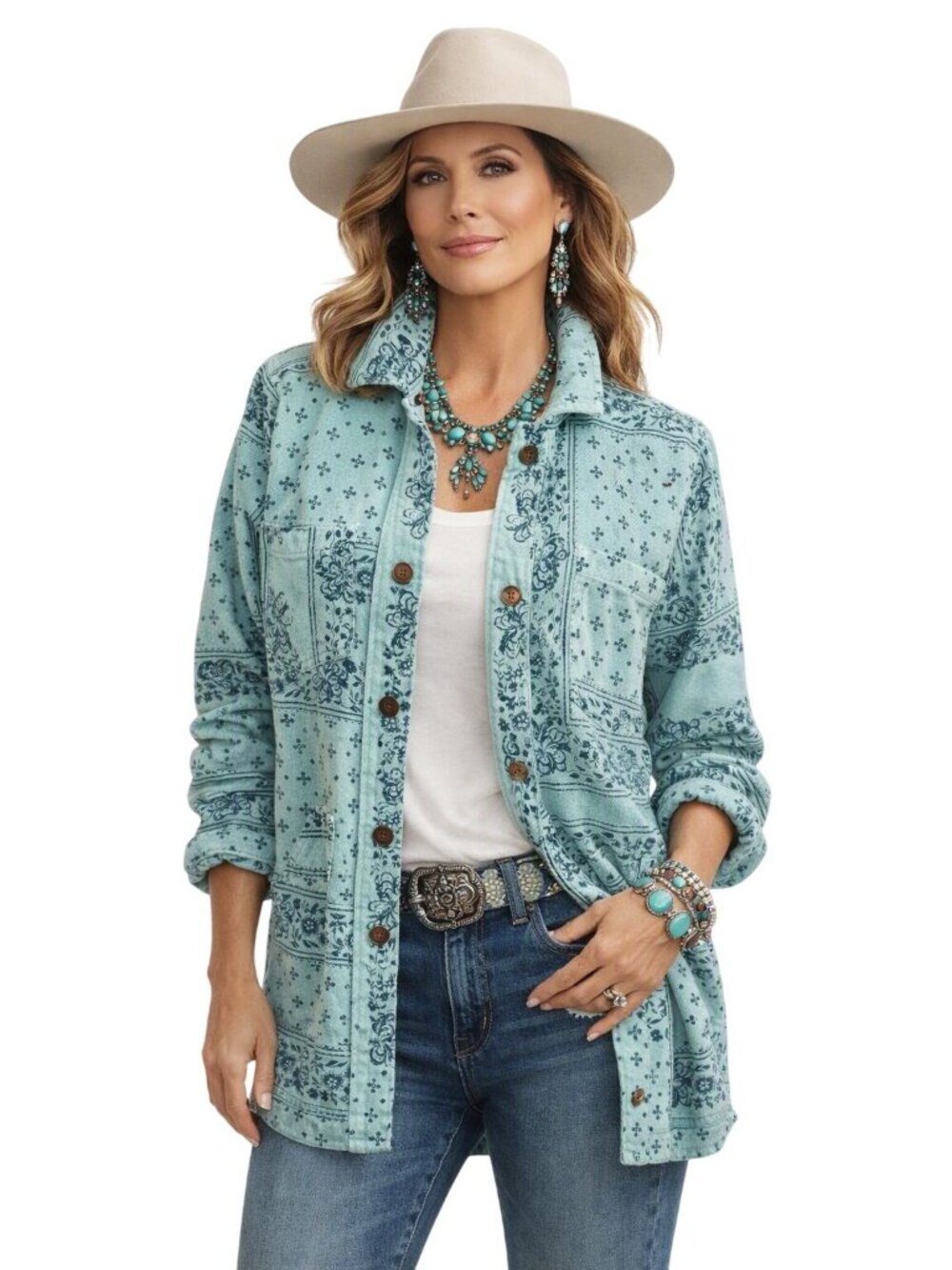 Overland Women M Blue Floral Denim Western Patchwork Button-Up Cotton Jacket